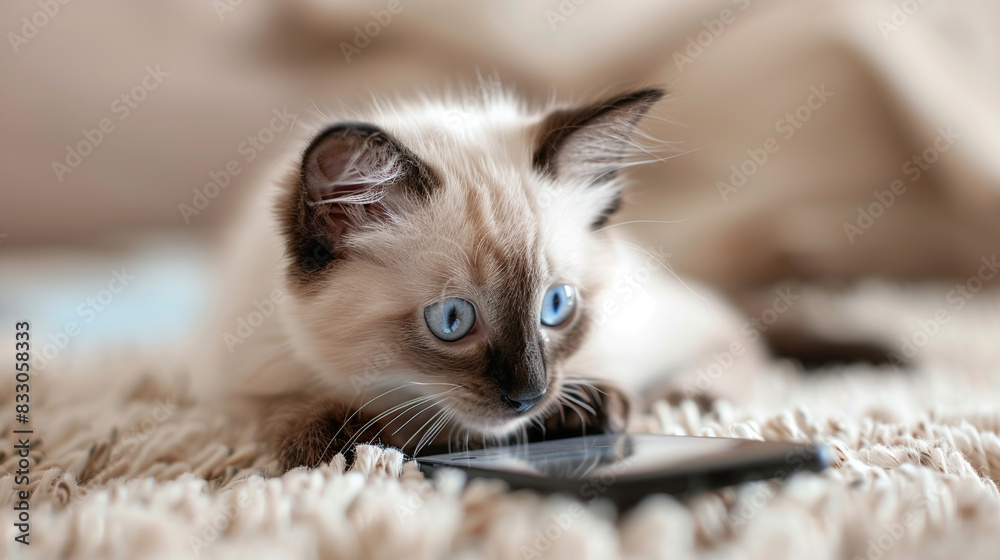 Obraz premium A cat sits on a blanket looking at electronics