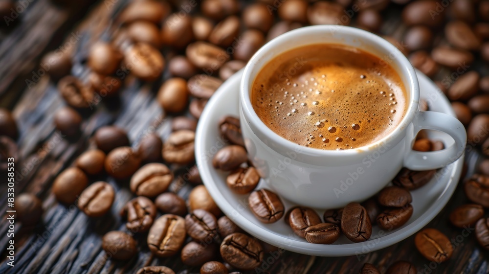 Close-Up of Espresso Cup Surrounded by Coffee Beans on Rustic Wooden Table Close-Up of Espresso Cup Surrounded by Coffee Beans on Rustic Wooden Table
