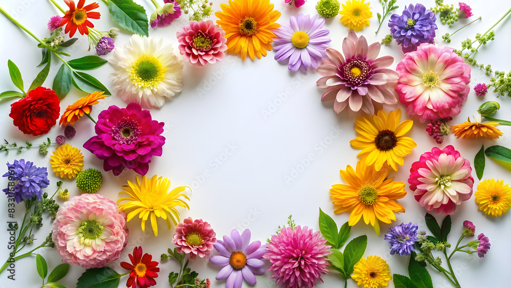 Flat Lay of Vibrant Summer Flowers in a Circular Frame on White Background. Perfect for: Mother's Day, Spring Equinox, Summer Solstice, Valentine's Day, International Women's Day. Flat Lay of Vibrant Summer Flowers in a Circular Frame on White Background. Perfect for: Mother's Day, Spring Equinox, Summer Solstice, Valentine's Day, International Women's Day.