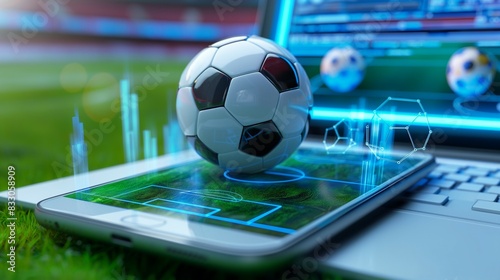 Sports betting online banner concept with soccer ball on laptop and mobile phone