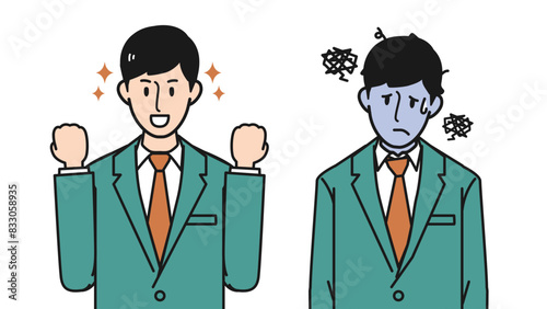 【解説に最適】ガッツポーズをした元気なスーツを着た男性と体調が悪い男性のイラスト
