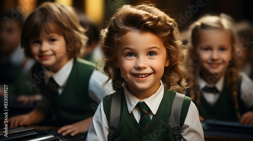 Cute children wearing kindergarten uniforms and ties.