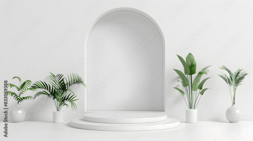 Modern white podium with an arch backdrop surrounded by green potted plants, perfect for stylish and natural product displays.
