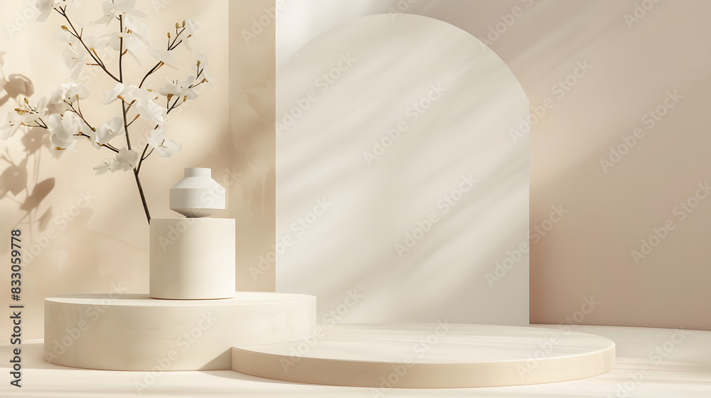 Stylish beige podium setup with an arch backdrop and delicate floral decor, perfect for product displays in a warm, minimalist setting. Stylish beige podium setup with an arch backdrop and delicate floral decor, perfect for product displays in a warm, minimalist setting.