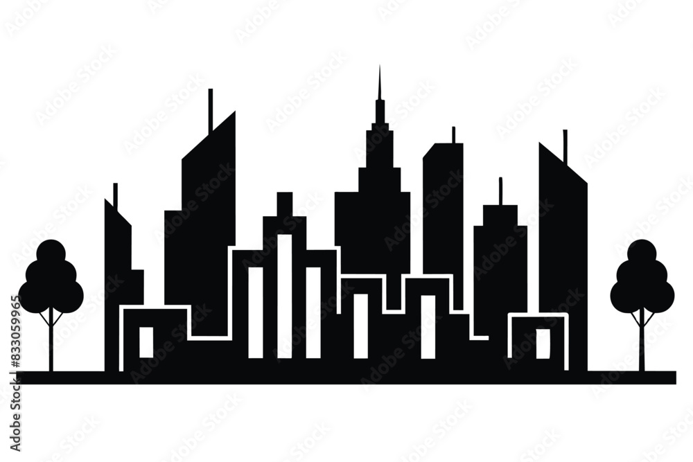 Abstract architecture city skyline with trees single line black vector on white background