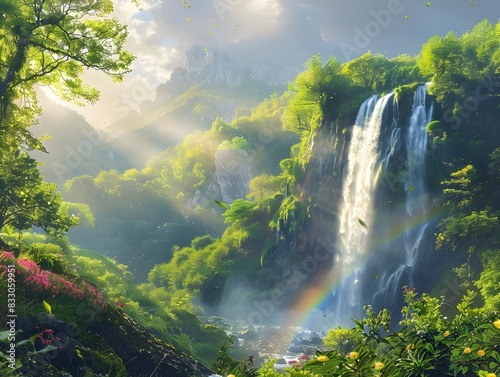 Lush Green Mountains with Cascading Waterfall and Vibrant Rainbow in Misty Sunlit Landscape