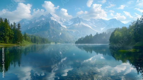 Breathtaking Serene Mountain Lake with Mirrored Reflection of Jagged Peaks and Lush Surrounding Forest in Early Morning Light