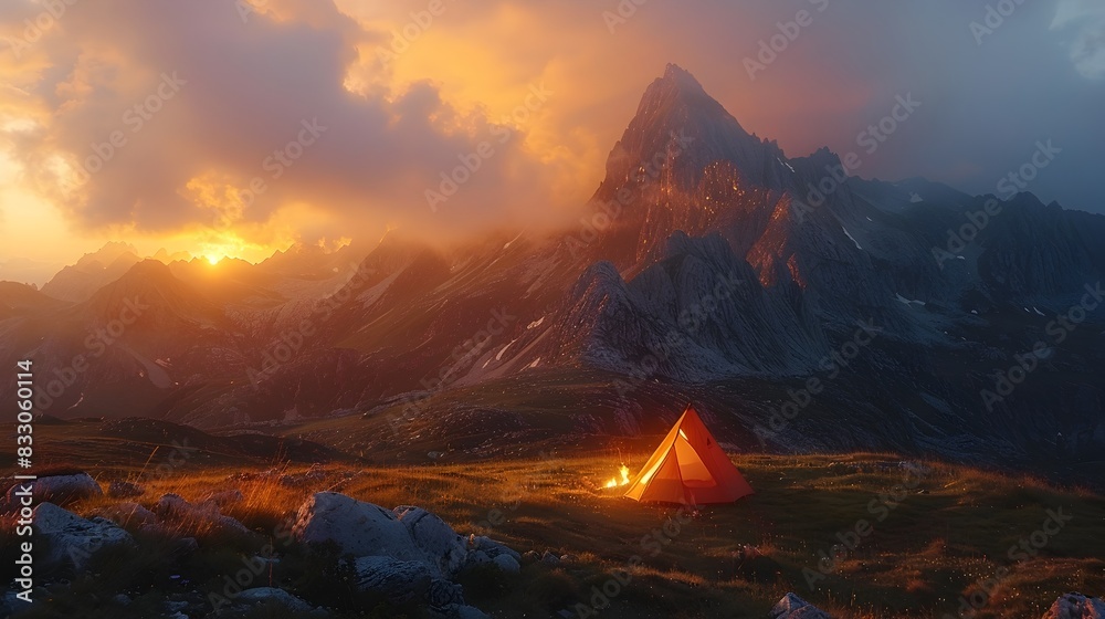 Fototapeta premium Rugged Mountain Range Ablaze with Sunset Glow Dramatic Clouds and Serene Campfire Scene