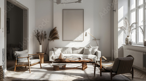  Stylish living room featuring a beige sofa, wooden furniture, and natural decor, bathed in sunlight from large windows, creating a warm and inviting atmosphere. mockup