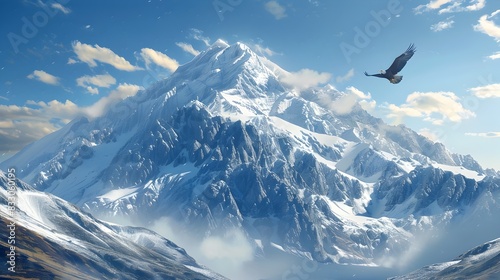 Majestic Snow Capped Mountain Peak with Soaring Eagle in Serene Wilderness Landscape photo