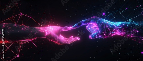The image shows a hand reaching out to touch another hand. The hands are made of colorful and dark purple light.