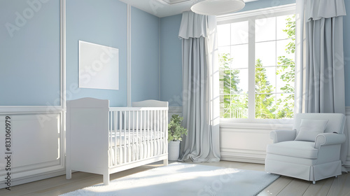A tranquil baby nursery featuring a white crib, armchair, and soft blue walls, illuminated by natural light from a large window. mockup