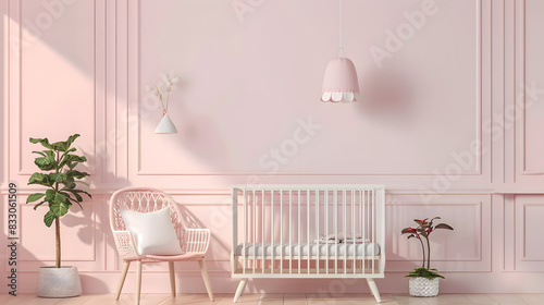 A chic baby nursery featuring a white crib, elegant pink walls, a cozy chair, and potted plants, illuminated by natural light from a large window mockup