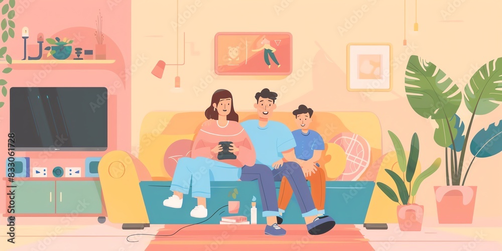 A family of three is sitting on a couch in their living room. There is a television in the background and a plant in the corner of the room. A family of three is sitting on a couch in their living room. There is a television in the background and a plant in the corner of the room.