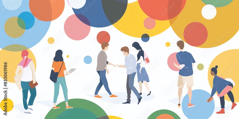 Fototapeta premium A group of diverse people walking in a colorful and abstract landscape.
