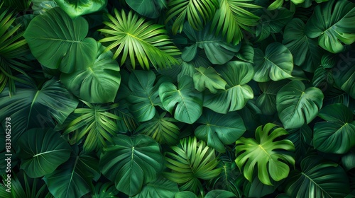 From above, the tropical plants background appears as a vibrant patchwork of colors and textures, with each plant contributing to the rich tapestry of life that defines the rainforest. photo