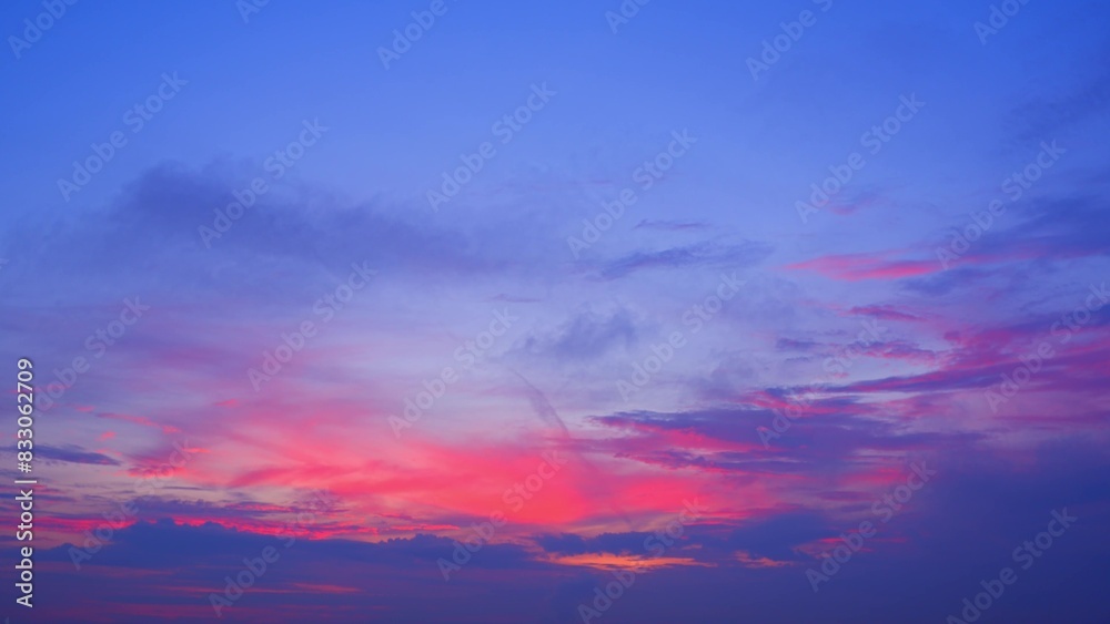 A stunning sunrise with vibrant hues of purple, pink, and blue blending seamlessly across the sky. The clouds are gently dispersed, adding depth and texture to the colorful display. Cloud background.
A stunning sunrise with vibrant hues of purple, pink, and blue blending seamlessly across the sky. The clouds are gently dispersed, adding depth and texture to the colorful display. Cloud background.