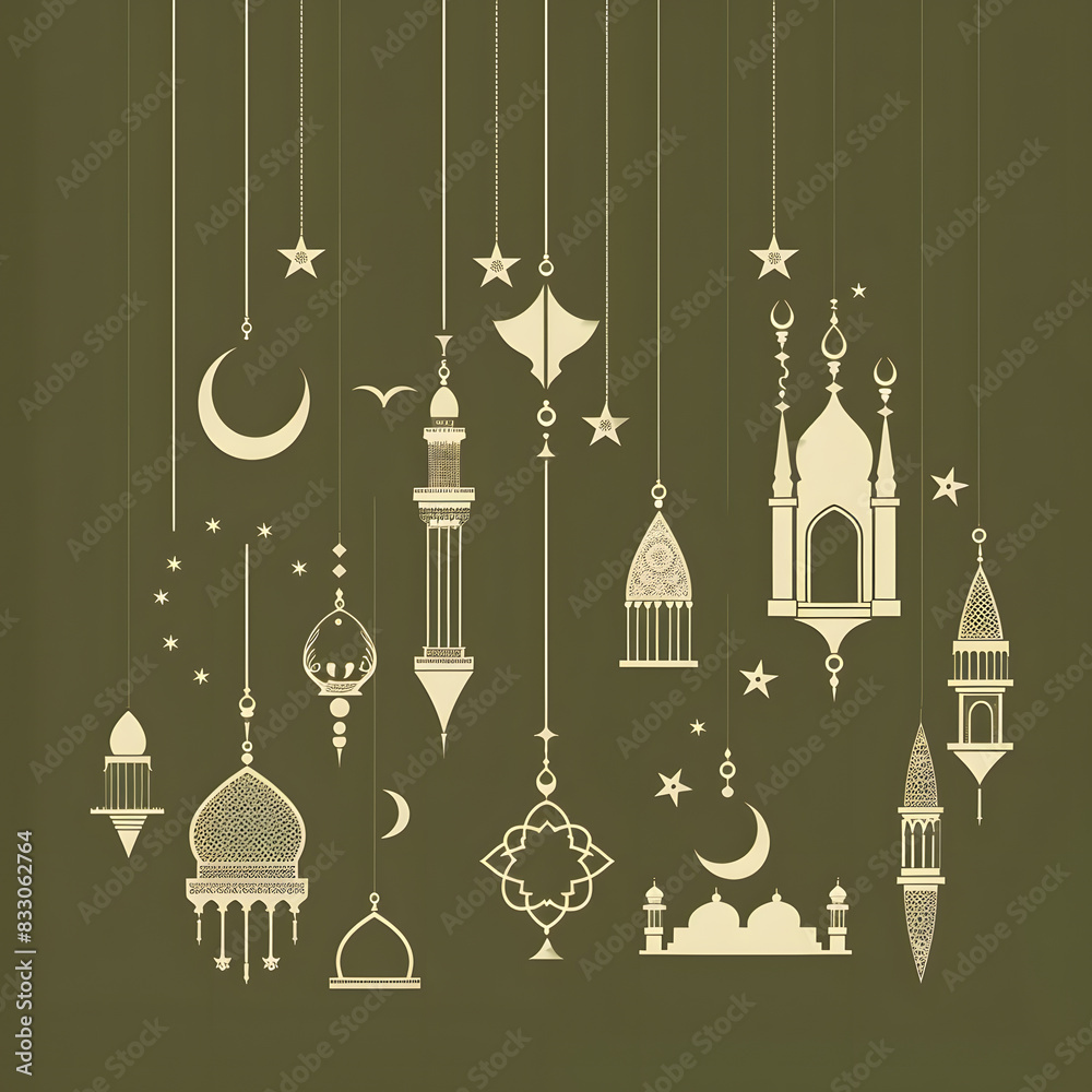 Ramadan Kareem Set of posters, cards, holiday covers. Arabic, islamic, Modern beautiful design in pastel colors with mosque, moon crescent, stars in the sky, arches window