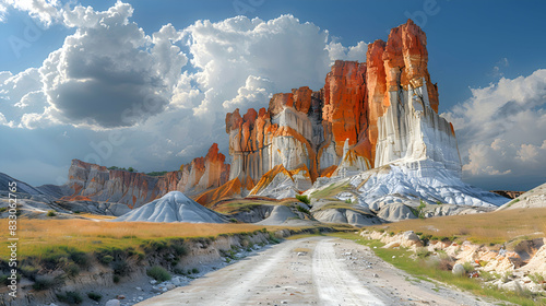 A vibrant nature plateau landscape with colorful rock formations and a clear blue sky
