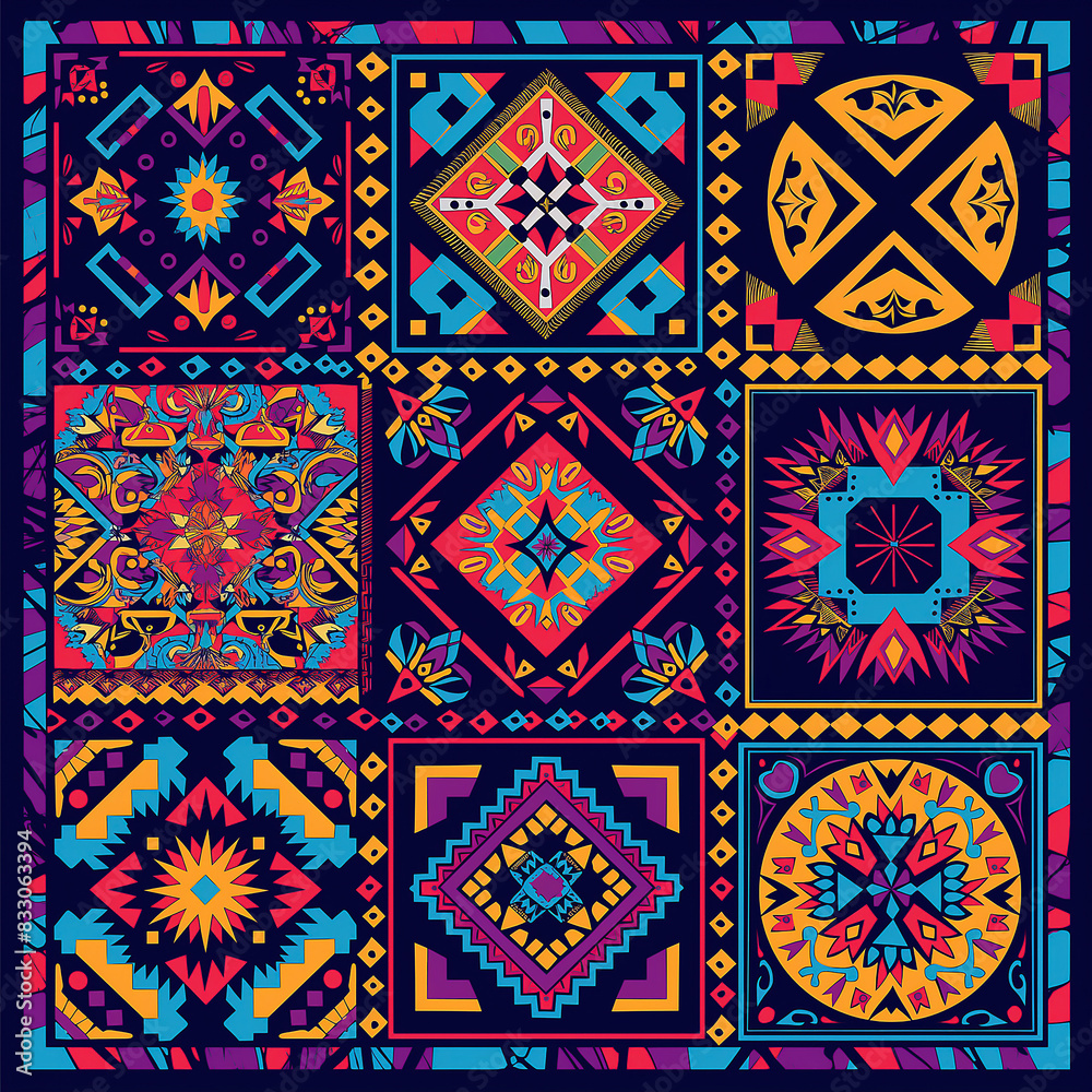 the style of Aztec carpet design vector illustration set. Doodle geometric shapes with bold lines and colors for cultural background decoration the style of Aztec carpet design vector illustration set. Doodle geometric shapes with bold lines and colors for cultural background decoration
