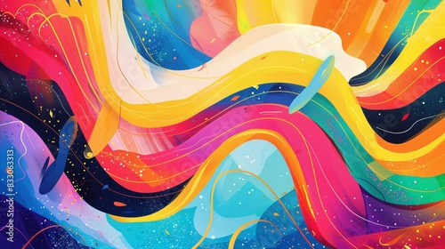 10. A joyful, vibrant illustration of a rainbow-colored wave flowing through a sea of abstract shapes and lines, perfect for an LGBTQ+ Pride Month commercial