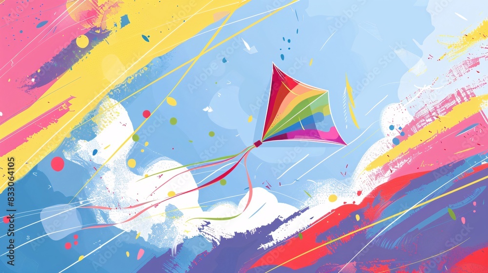 18. A playful, whimsical illustration of a rainbow-colored kite flying through a sky filled with abstract shapes and lines, representing joy and freedom for a Pride Month commercial 18. A playful, whimsical illustration of a rainbow-colored kite flying through a sky filled with abstract shapes and lines, representing joy and freedom for a Pride Month commercial