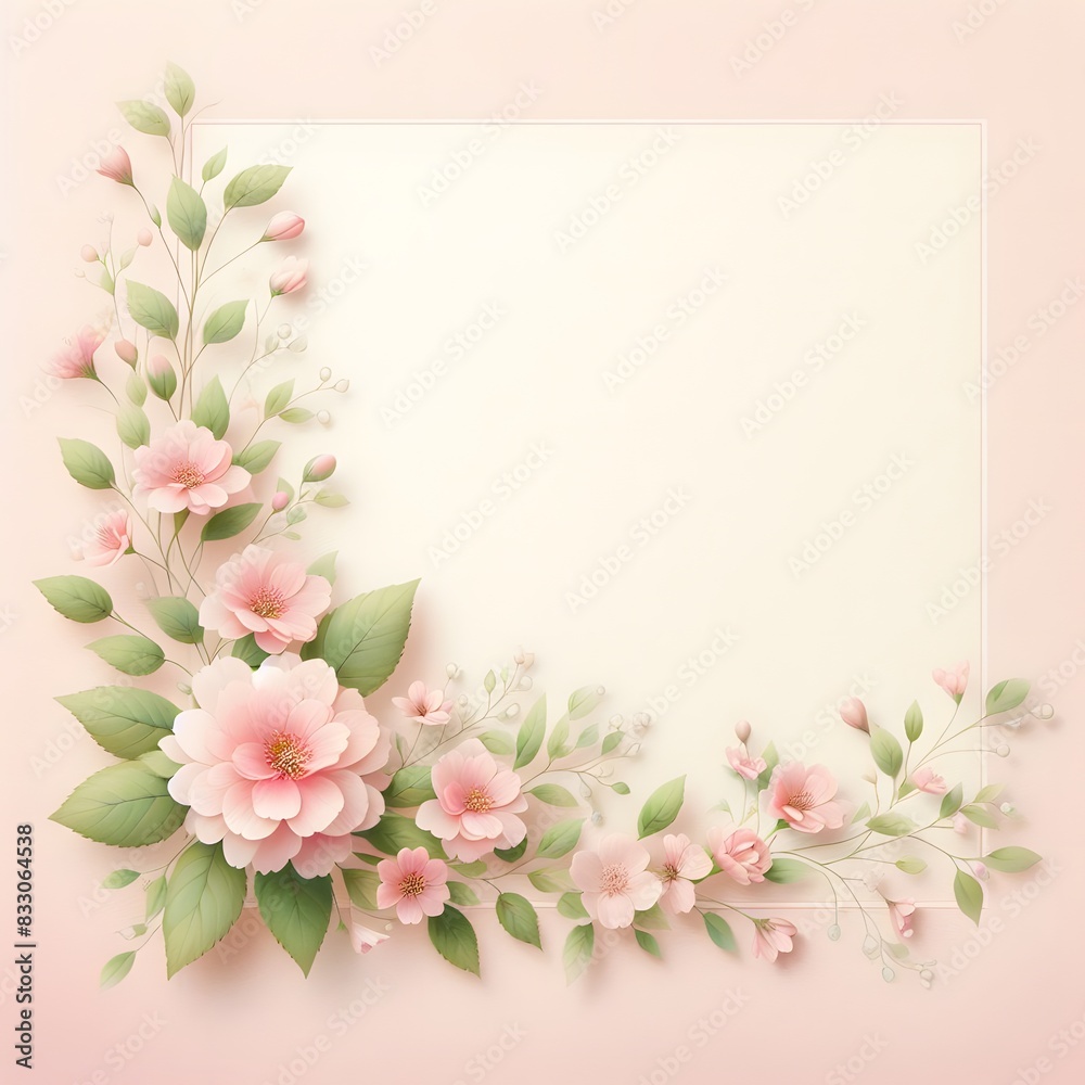 A delicate arrangement of pink flowers and green leaves spread across one corner, leading into a soft, pastel-colored background generated by ai A delicate arrangement of pink flowers and green leaves spread across one corner, leading into a soft, pastel-colored background generated by ai