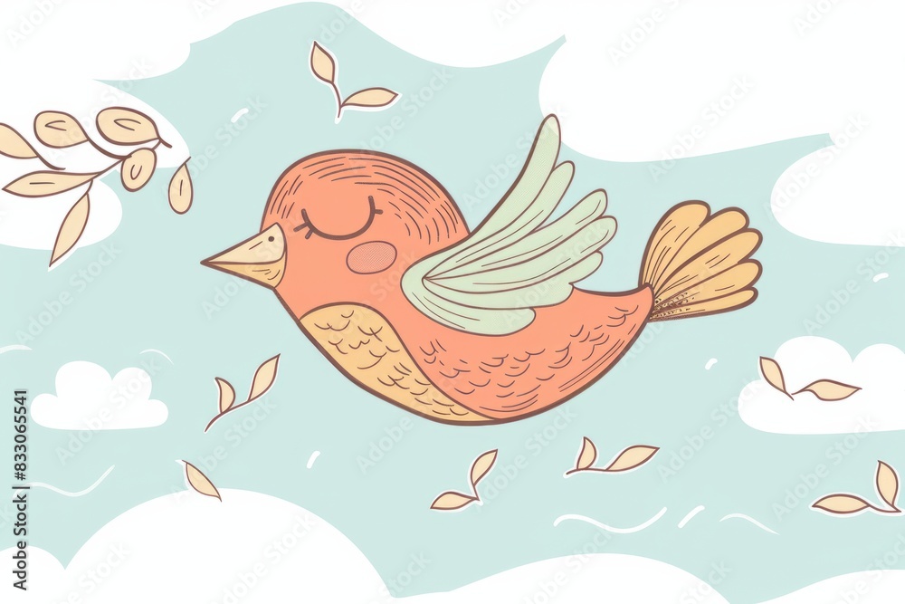 Cartoon cute doodles of a bird flying through the sky with fluid wing strokes, Generative AI Cartoon cute doodles of a bird flying through the sky with fluid wing strokes, Generative AI