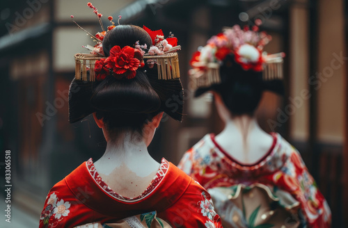 two Japanese geisha girls in traditional kimonos, one with an updo hairstyle and the other wearing hair accessories on her head, both dressed in red kimono with white accents © Kien