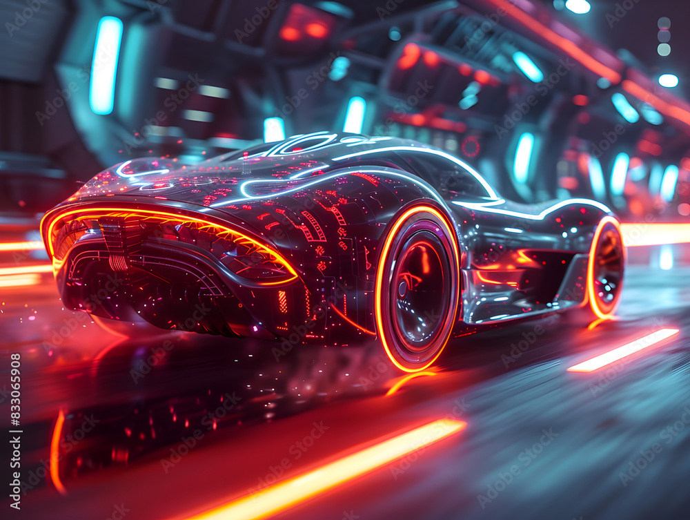 A futuristic car with a digital mesh body and glowing red wheels and lights, driving down a neon-lit street. A futuristic car with a digital mesh body and glowing red wheels and lights, driving down a neon-lit street.