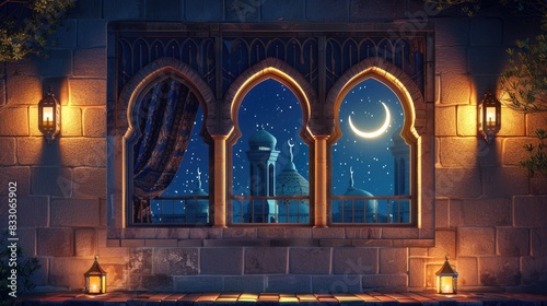 A windows depicts an islamic mosque at night with moon and lentern. In style of islamic city. Arched doorways. Eid al fitr background of window. Ramadan kareem eid mubarak islamic lantern on a table photo