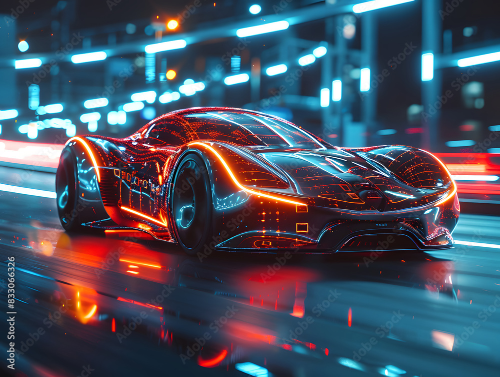 A futuristic car with a digital mesh body and glowing red wheels and lights, driving down a neon-lit street. A futuristic car with a digital mesh body and glowing red wheels and lights, driving down a neon-lit street.