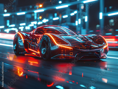 A futuristic car with a digital mesh body and glowing red wheels and lights, driving down a neon-lit street.