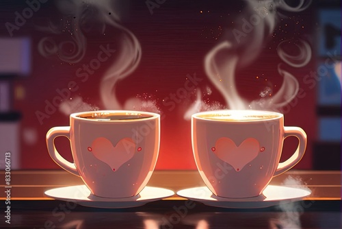 Anime style illustration of two cups of coffee, lover heart shape, flat vector art