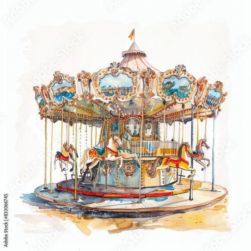Watercolor painting of a dusty  forgotten carousel in an empty amusement park  its painted horses frozen in time and dreams of laughter fading away  Generative AI