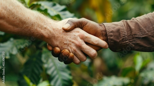 A coffee farmer and a roaster shake hands, symbolizing a new partnership focused on ethically sourced, high-quality beans.