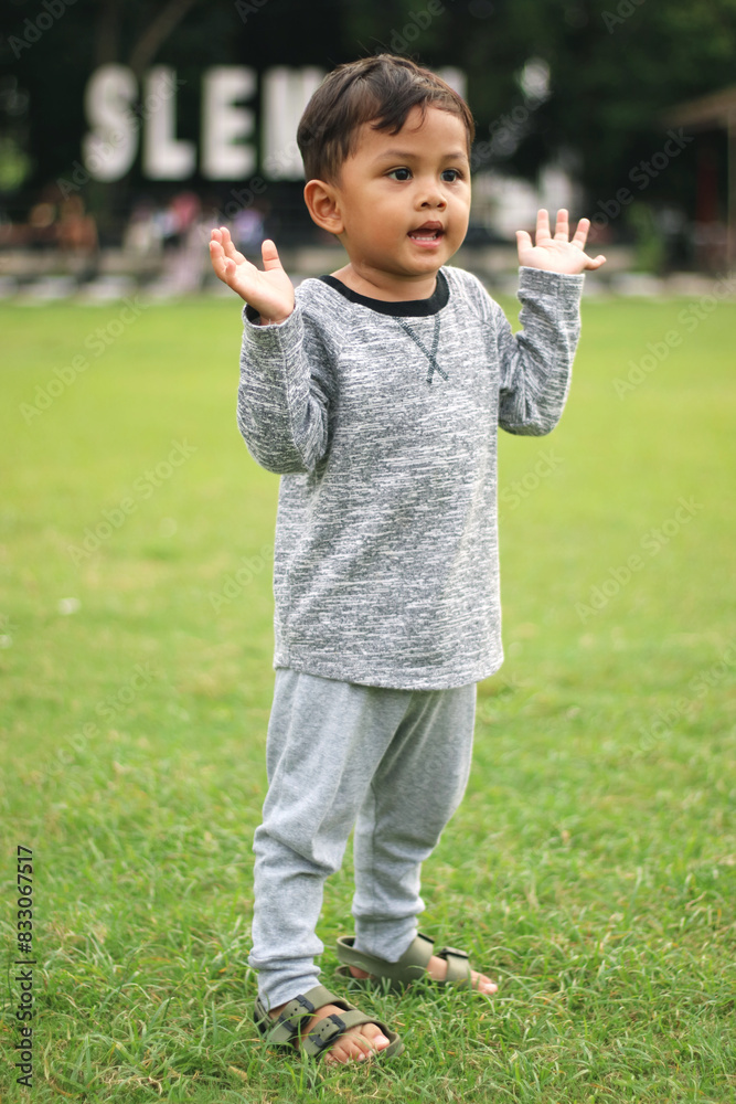 A handsome young boy, nicely dressed showing an expression of joy with hands up in the air looking excited and happy to be playing outdoors A handsome young boy, nicely dressed showing an expression of joy with hands up in the air looking excited and happy to be playing outdoors
