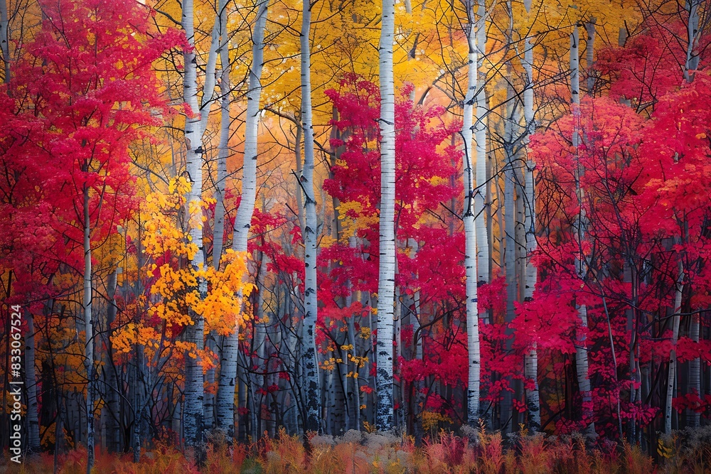 A vibrant autumn forest with trees ablaze in shades of red, orange, and yellow.