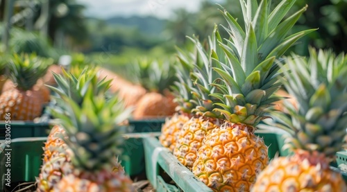 Fresh pineapples in crates at a farm