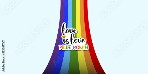 Pride month text and a colorful rainbow ribbon at the background, backdrop.