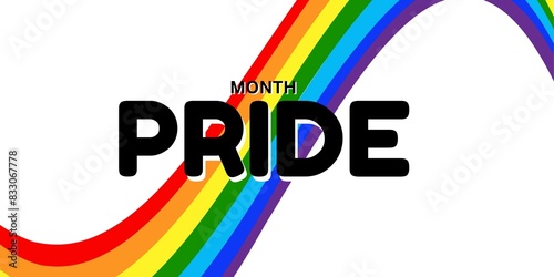 Happy Pride month text and colorful rainbow ribbon at the background, backdrop.