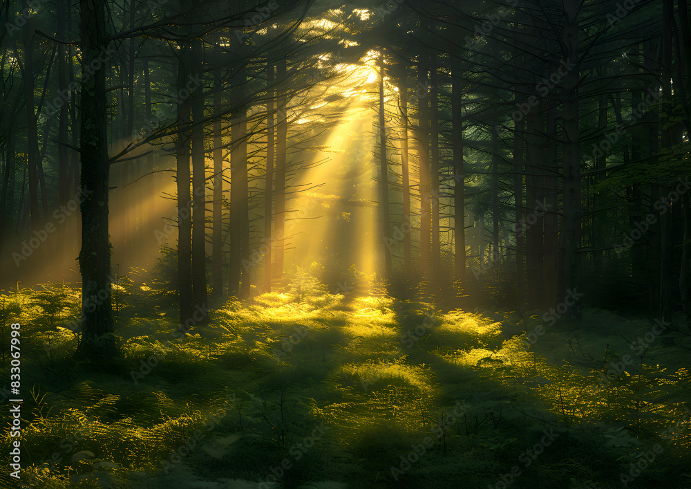 Naklejka premium A vibrant nature rainforest at dusk, the last light of the day creating long shadows and a serene atmosphere