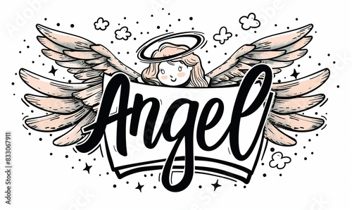 Texte en anglais "Angel" ange, dans un bandeau blanc, surmonté d'un petit ange avec son auréole et ses ailes. Sur fond blanc - illustration enfantine
