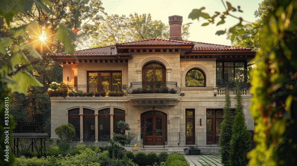 Luxurious mansion exterior with elegant architecture and landscaping