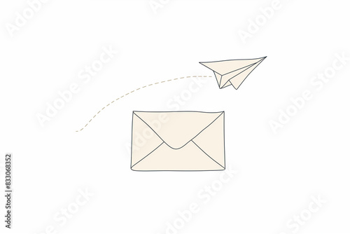 envoyer un courriel ou Email E-mail. Logo informatique, illustration symbole de l'envoi d'un courrier électronique mail. Une enveloppe et un avion en papier qui vol vers son destinataire fond blanc