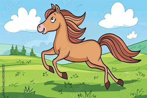 Cartoon cute doodles of a horse galloping across a field with flowing mane and tail  Generative AI
