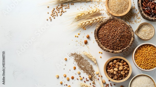 Assorted gluten free grains and food displayed on a white background flat lay arrangement with space for text photo