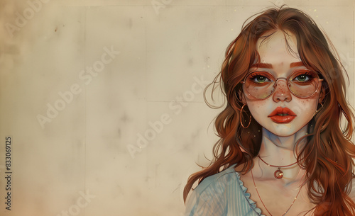 jeune fille rousse aux cheveux longs ondulés, avec des lunettes de soleil rouge et du rouge à lèvre, de face sur un fond beige texturé avec espace négatif copyspace photo