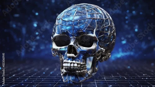 A digitally rendered skull with intricate glowing blue lines overlays the image, creating a futuristic design against a dark grid pattern background, evoking themes of technology photo