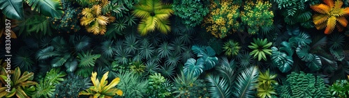 Behold the tropical plants from a top-down perspective  where the lush greenery extends as far as the eye can see  uninterrupted save for the occasional burst of color from a flowering tree or shrub.